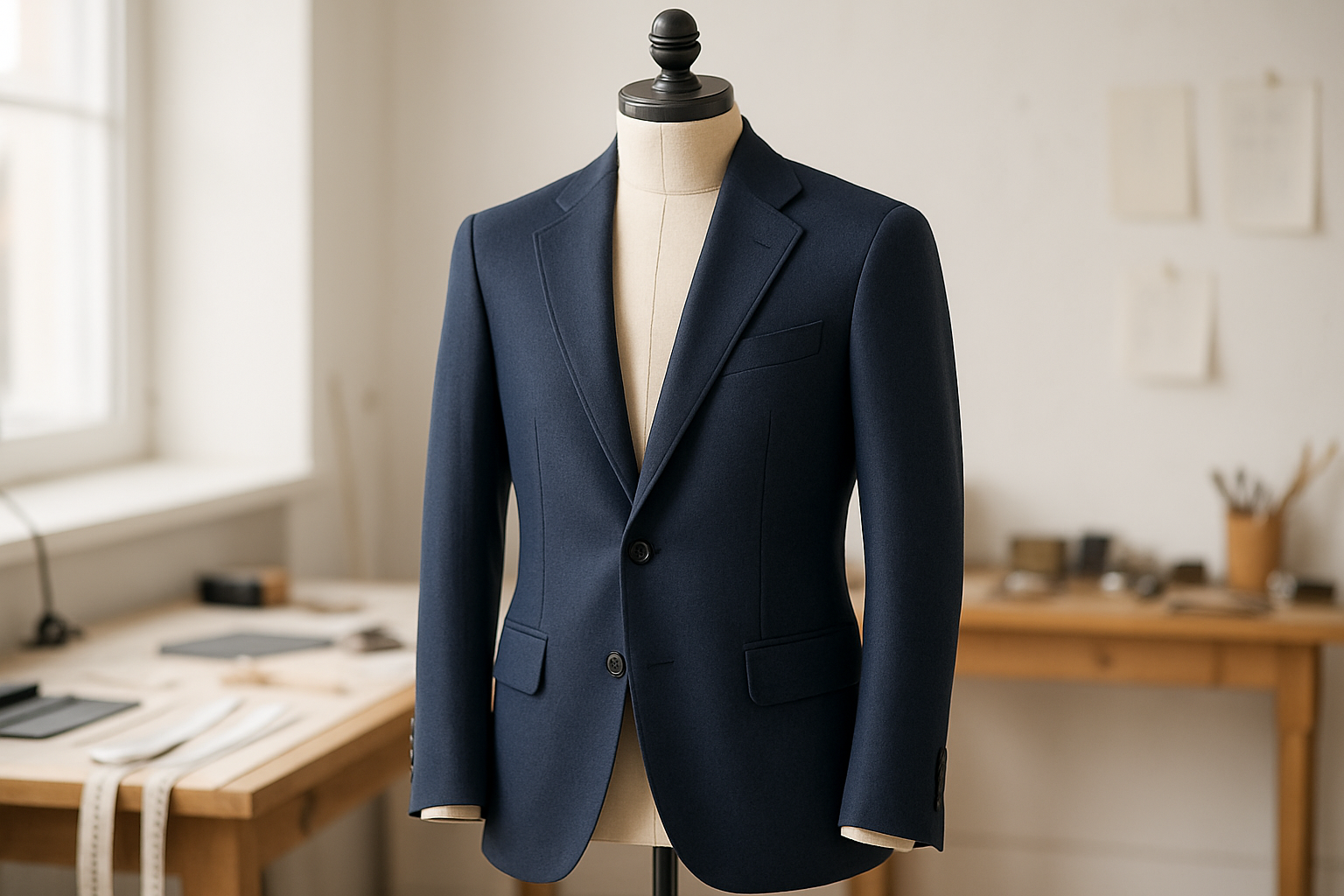 I want an image of a mens tailored jacket in a light scene and light background in the studio or tailors workshop.